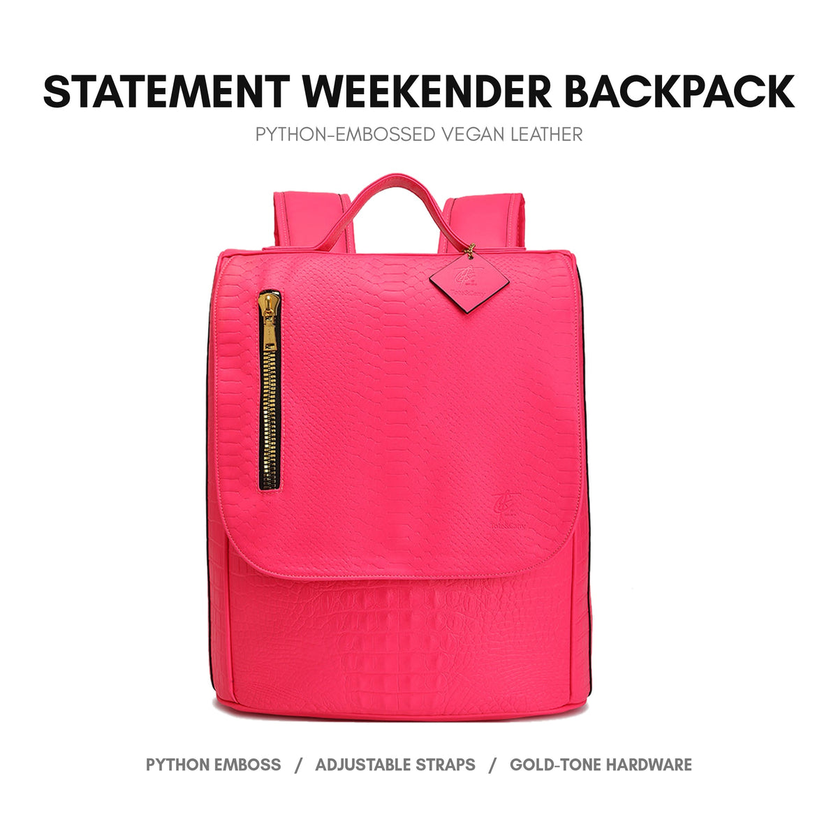 Statement Weekender Backpack in Neon Pink - premium vegan leather, python-embossed finish, adjustable padded straps