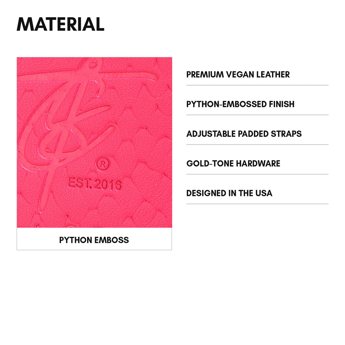 Statement Weekender Backpack in Neon Pink - material: premium vegan leather, python-embossed finish, adjustable padded straps