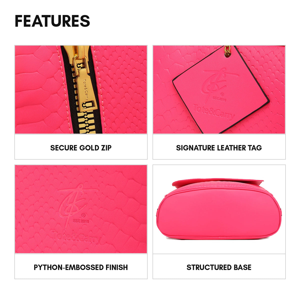 Statement Weekender Backpack in Neon Pink - features: secure gold zip, signature leather tag, python-embossed finish, structured base
