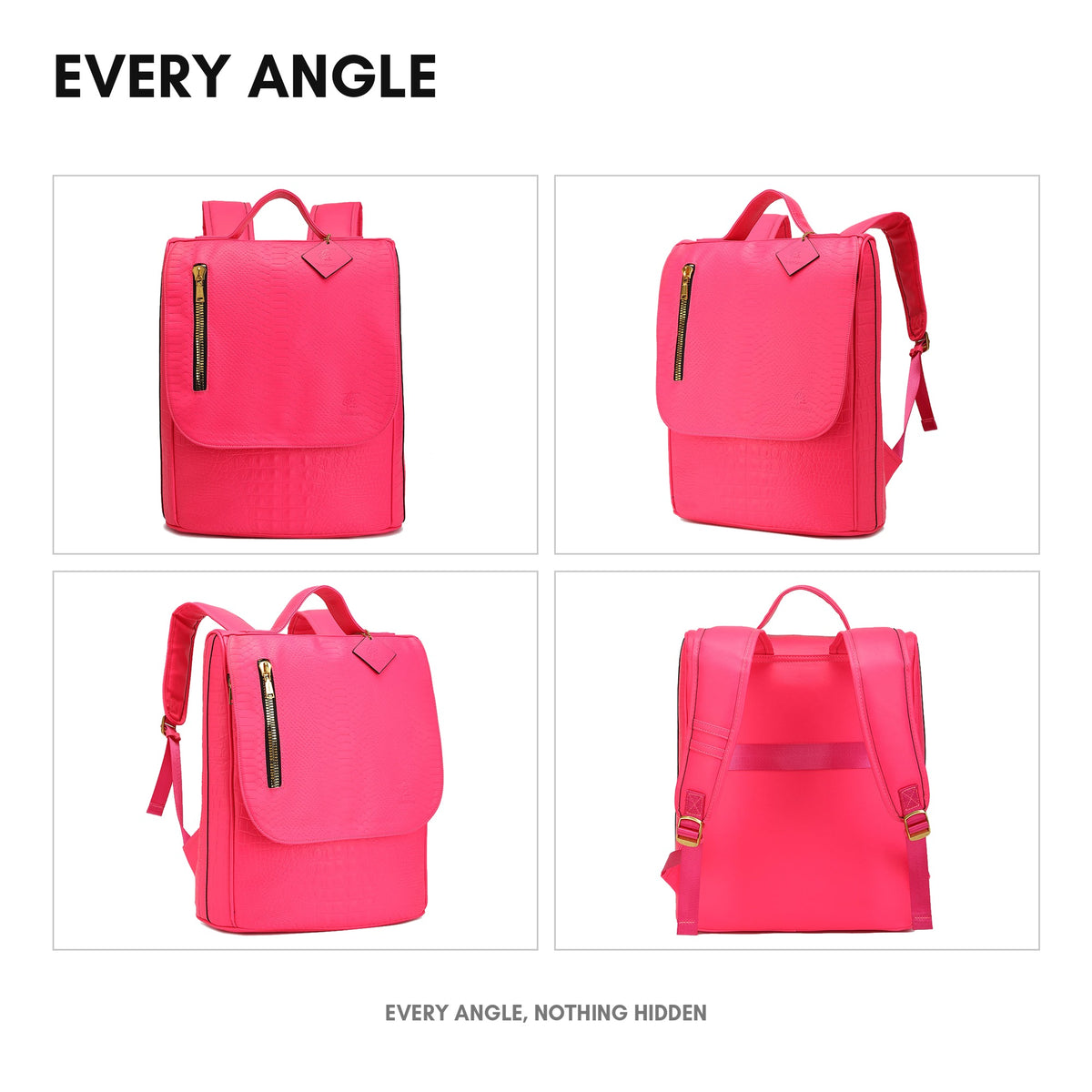 Statement Weekender Backpack in Neon Pink - every angle: front, side, back and interior