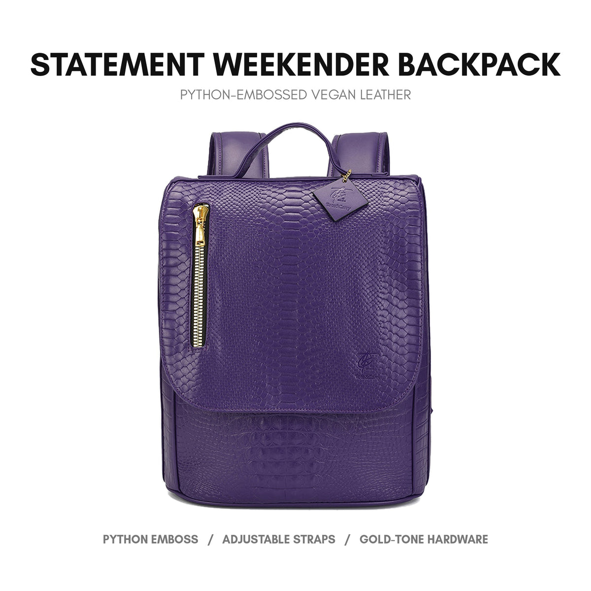 Statement Weekender Backpack in Purple - premium vegan leather, python-embossed finish, adjustable padded straps