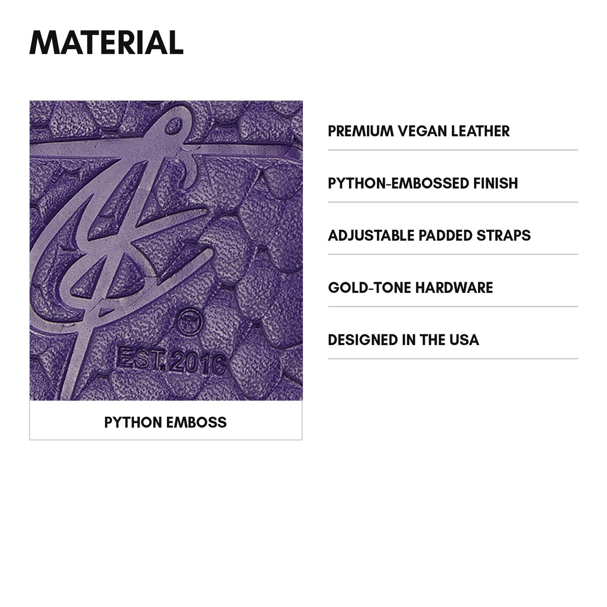 Statement Weekender Backpack in Purple - material: premium vegan leather, python-embossed finish, adjustable padded straps