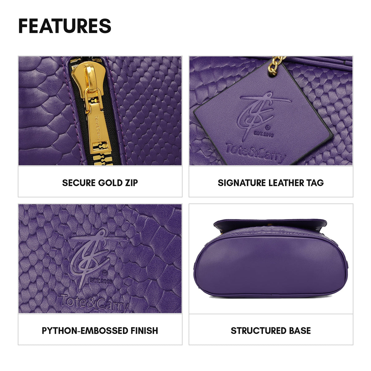 Statement Weekender Backpack in Purple - features: secure gold zip, signature leather tag, python-embossed finish, structured base