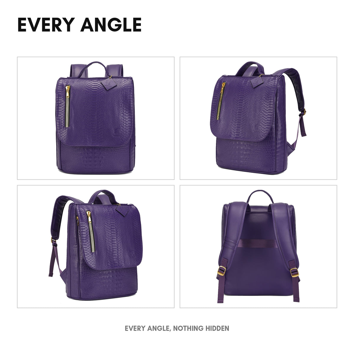 Statement Weekender Backpack in Purple - every angle: front, side, back and interior