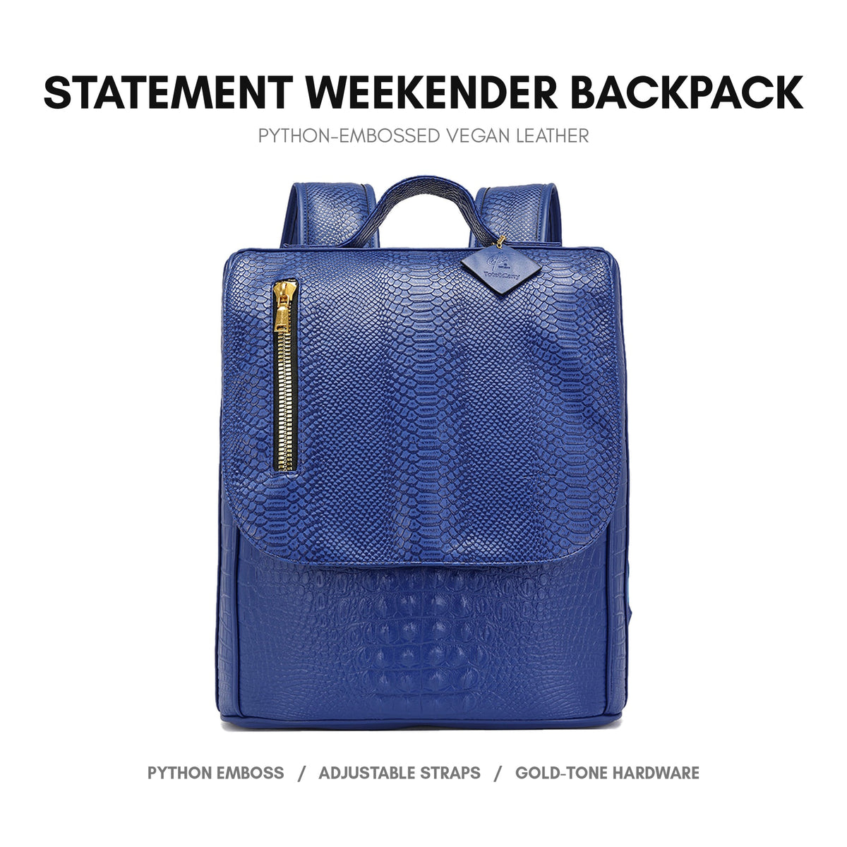 Statement Weekender Backpack in Royal Blue - premium vegan leather, python-embossed finish, adjustable padded straps