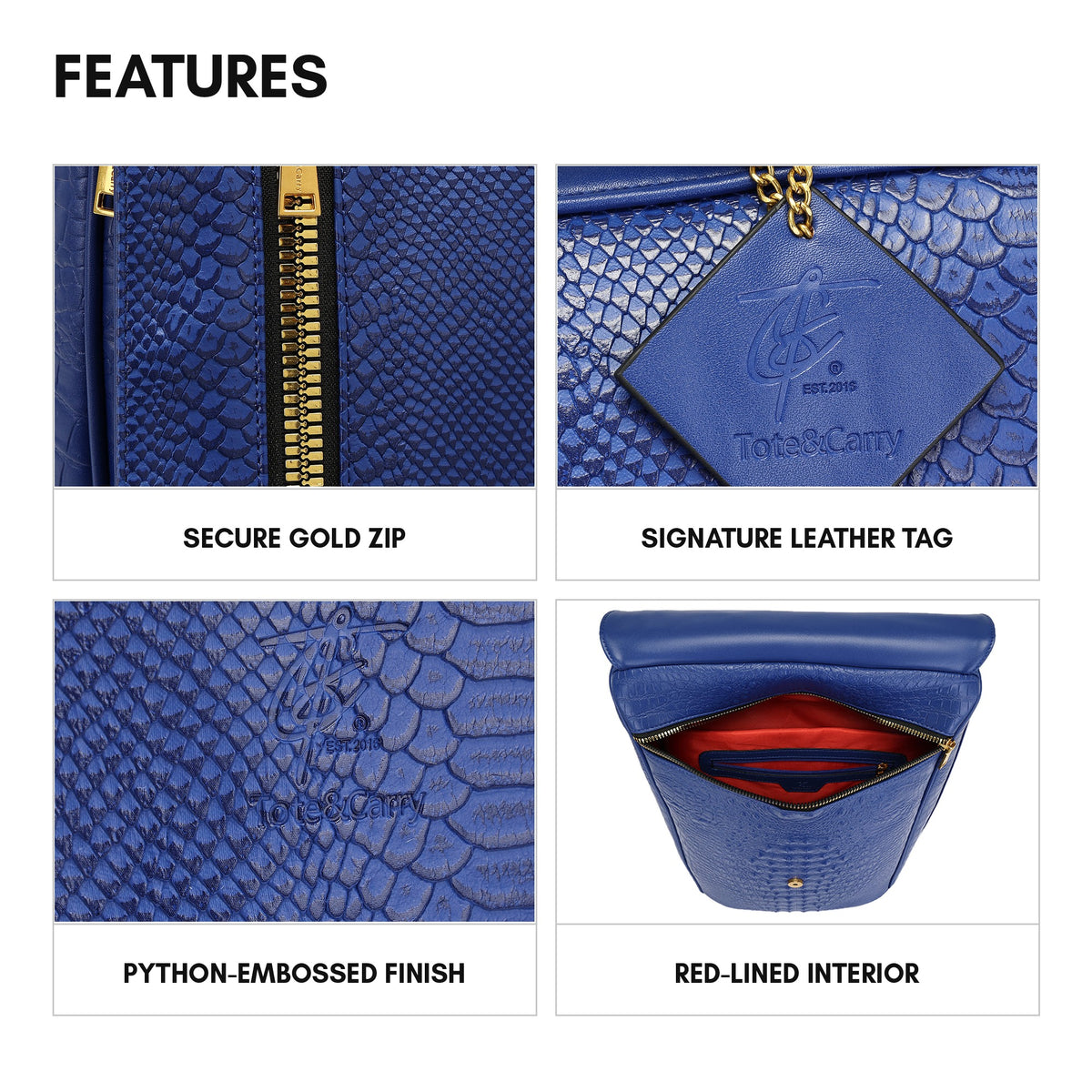 Statement Weekender Backpack in Royal Blue - features: secure gold zip, signature leather tag, python-embossed finish, red-lined interior