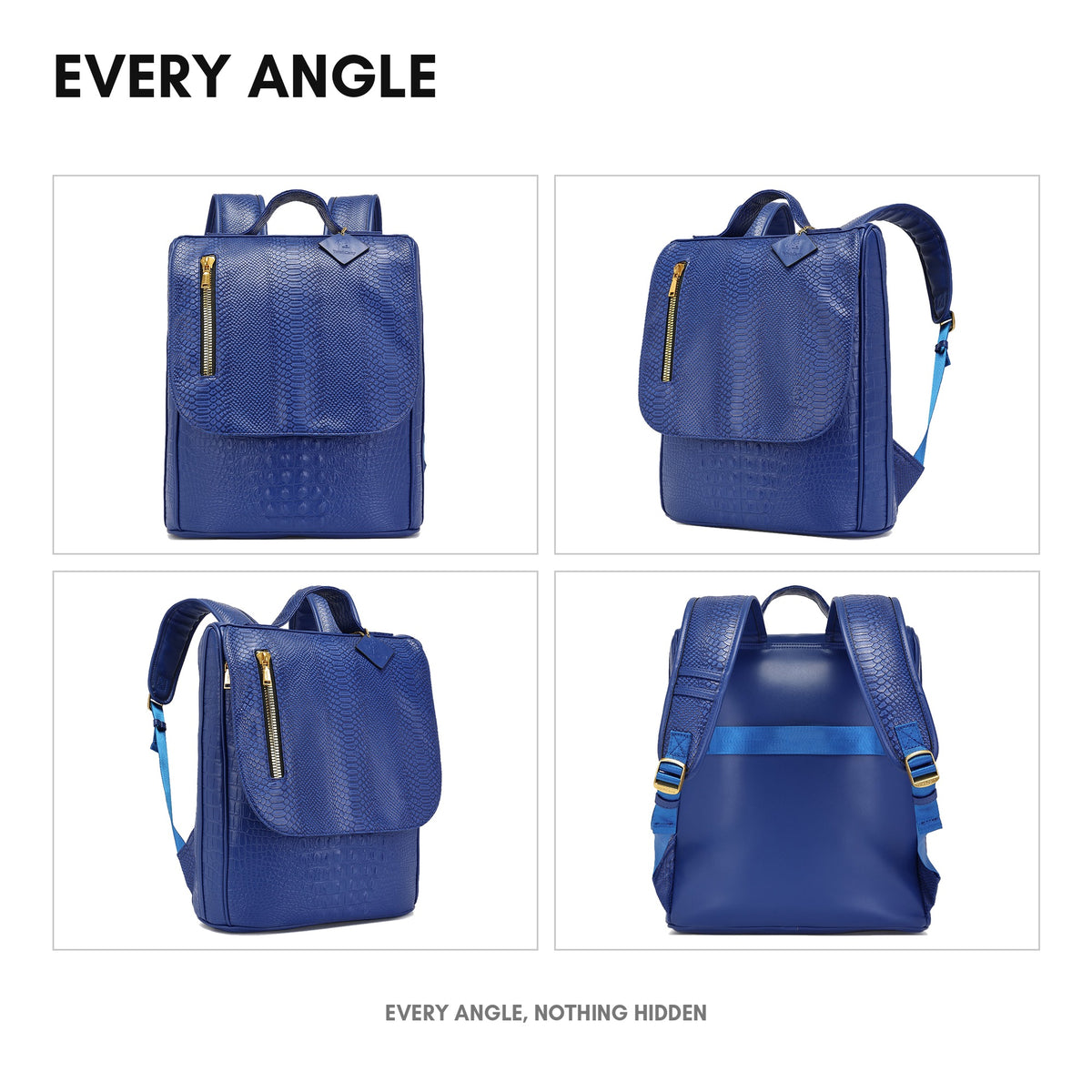 Statement Weekender Backpack in Royal Blue - every angle: front, side, back and interior