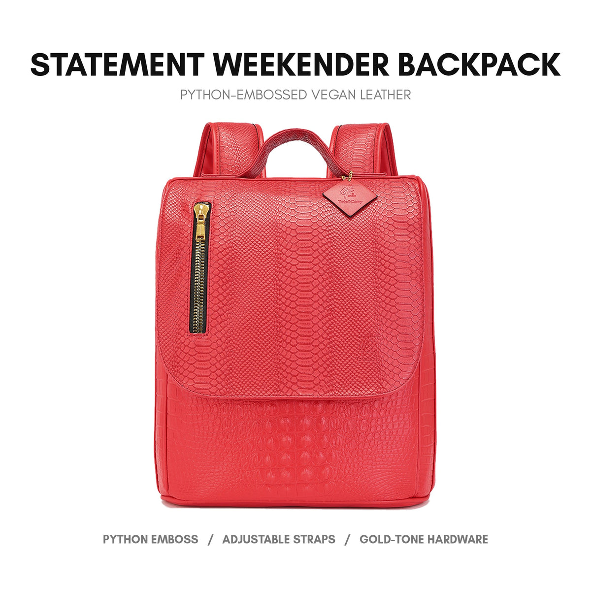 Statement Weekender Backpack in Red - premium vegan leather, python-embossed finish, adjustable padded straps