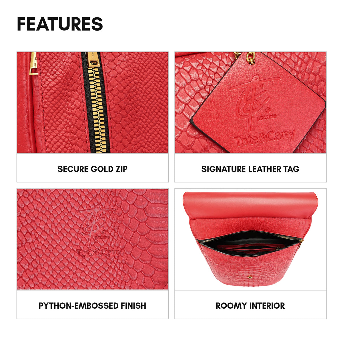 Statement Weekender Backpack in Red - features: secure gold zip, signature leather tag, python-embossed finish, roomy interior