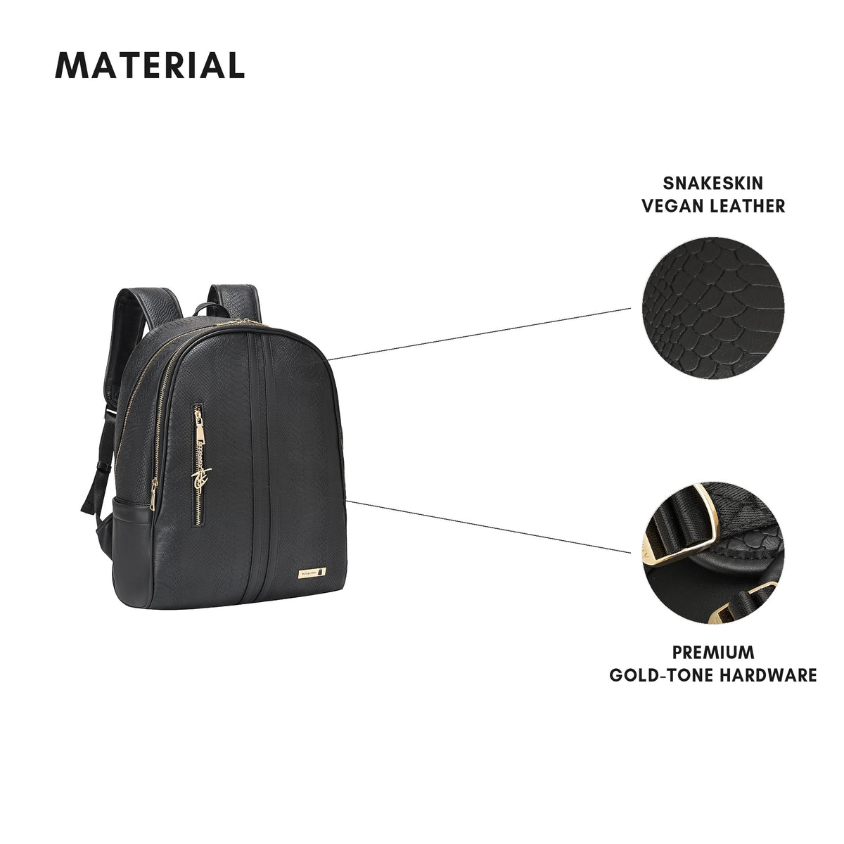 Tote&Carry Signature Traveler Backpack in Black — snakeskin vegan leather and premium gold-tone hardware material detail