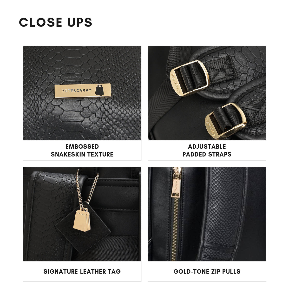 Tote&Carry Signature Traveler Backpack in Black — close ups, embossed snakeskin texture, adjustable padded straps, signature leather tag and gold-tone zip pulls