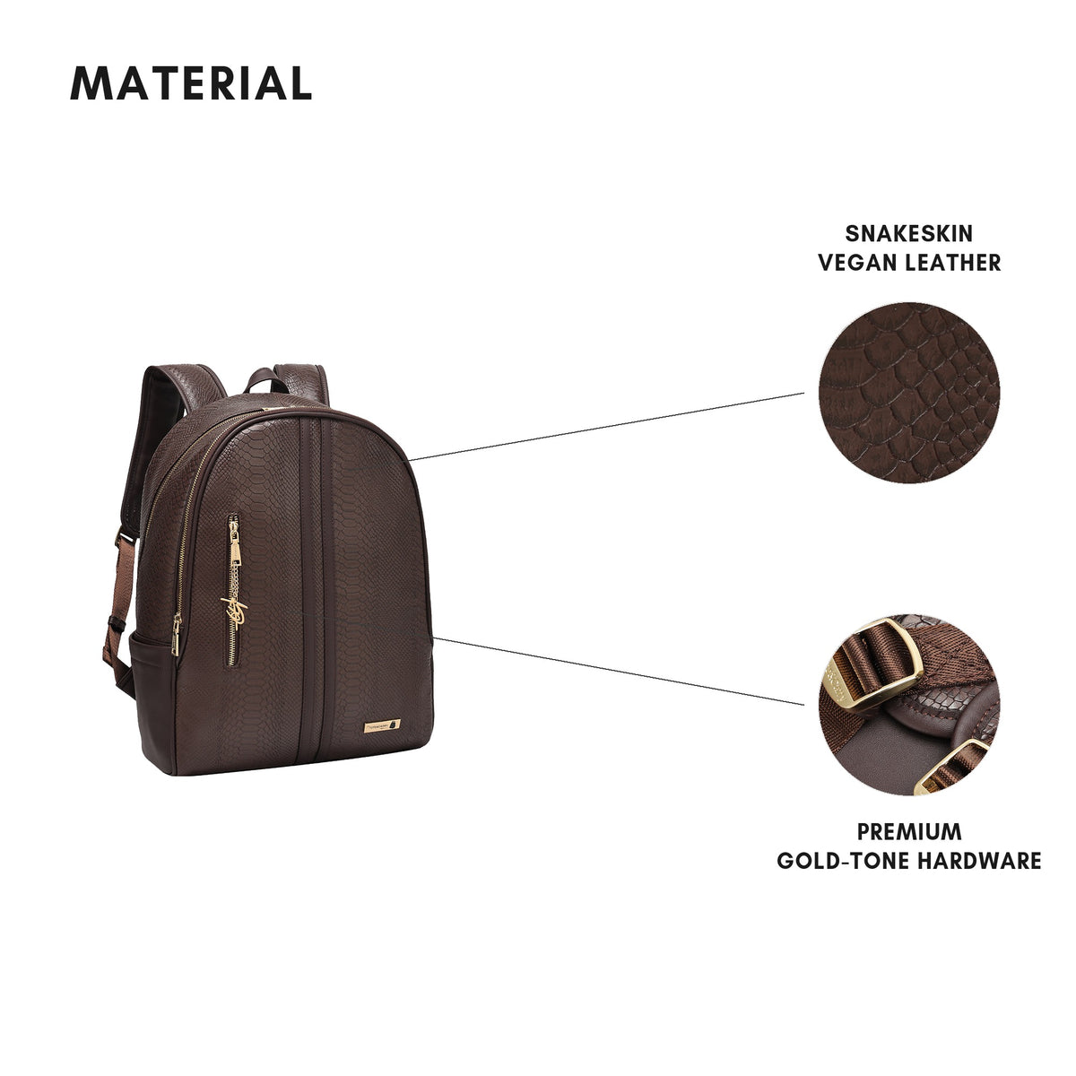 Tote&Carry Signature Traveler Backpack in Chocolate — snakeskin vegan leather and premium gold-tone hardware material detail