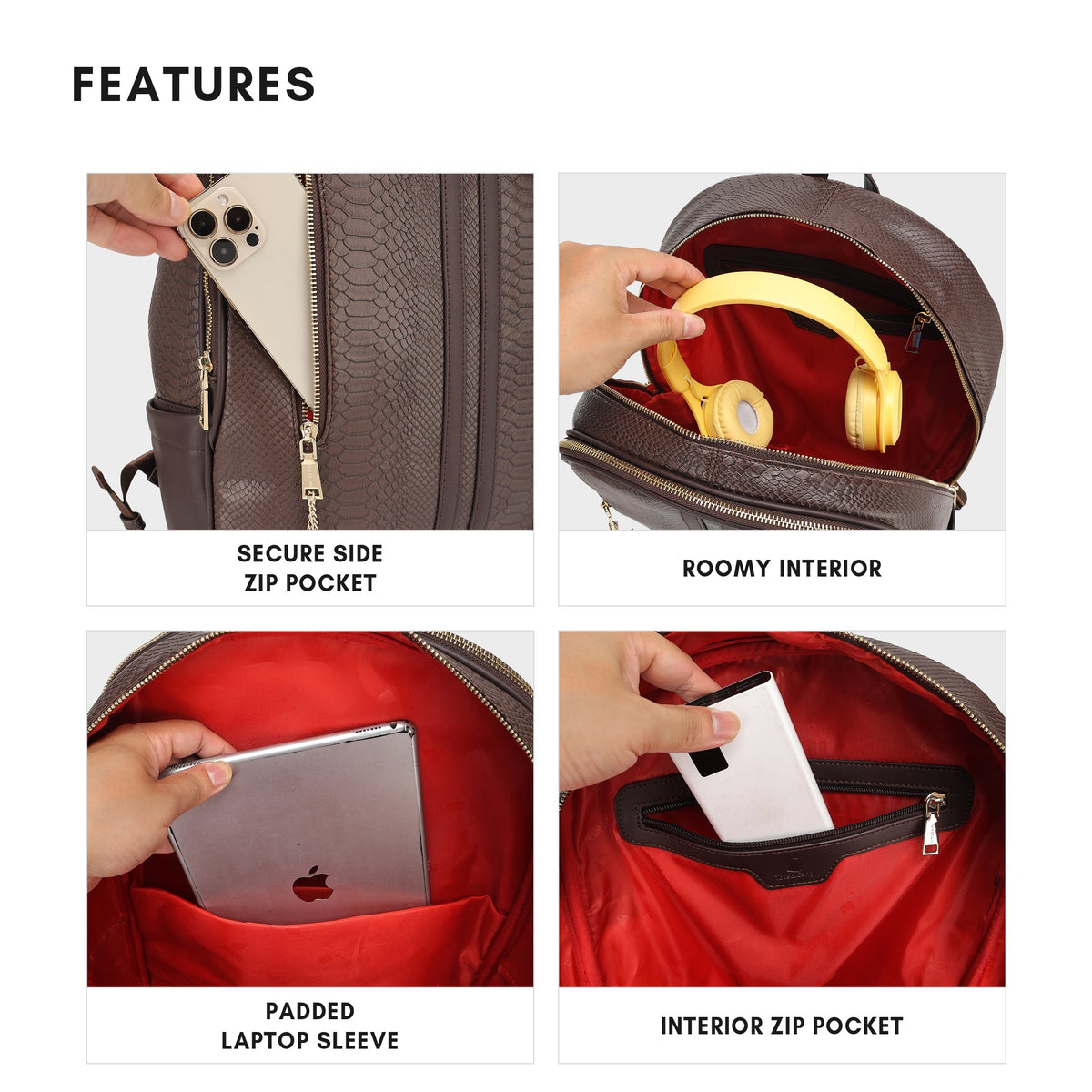 Tote&Carry Signature Traveler Backpack in Chocolate — features, secure side zip pocket, roomy interior, padded laptop sleeve and interior zip pocket