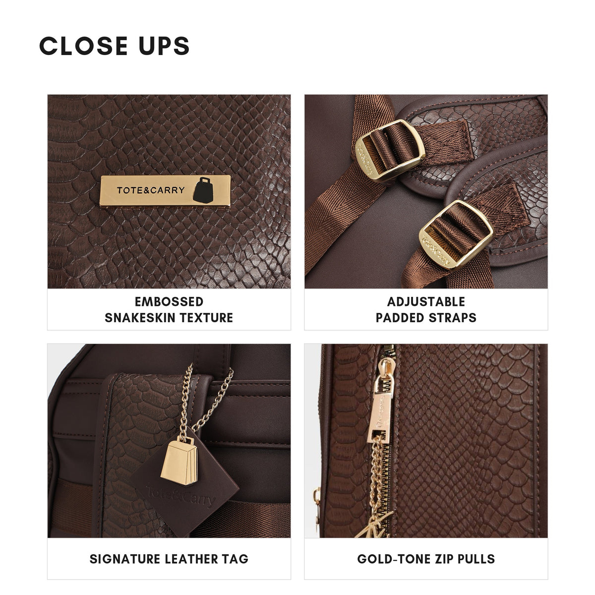 Tote&Carry Signature Traveler Backpack in Chocolate — close ups, embossed snakeskin texture, adjustable padded straps, signature leather tag and gold-tone zip pulls