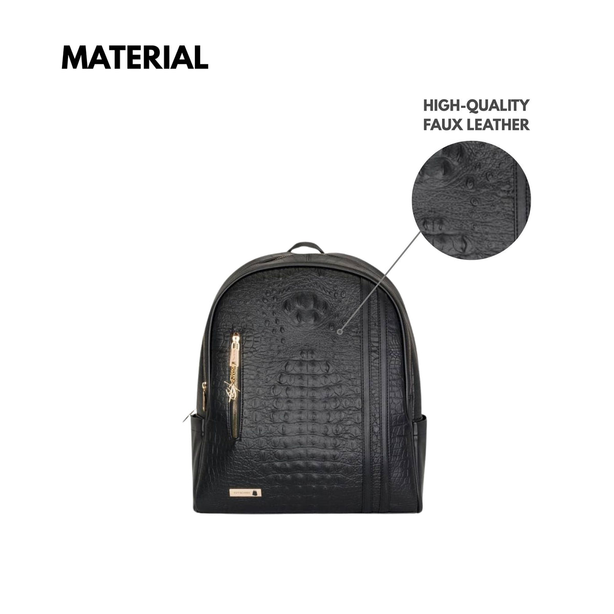 Tote&Carry Classic Traveler Backpack in Black — high-quality faux leather material detail
