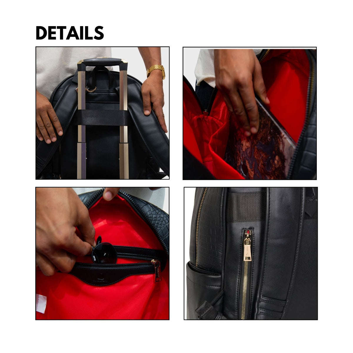 Tote&Carry Classic Traveler Backpack in Black — interior details, storage compartments and lining
