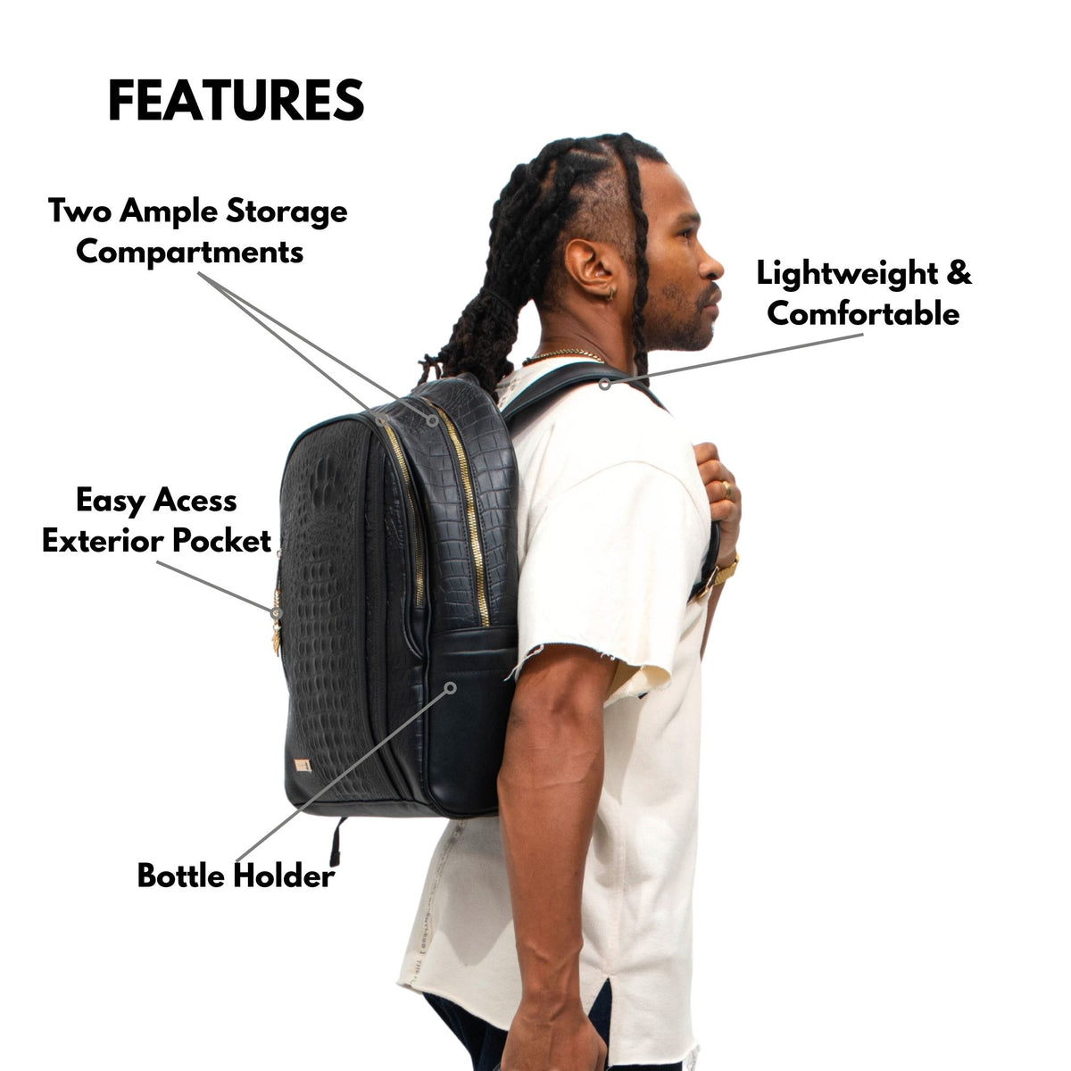 Tote&Carry Classic Traveler Backpack in Black — features, two ample storage compartments, easy-access exterior pocket and bottle holder