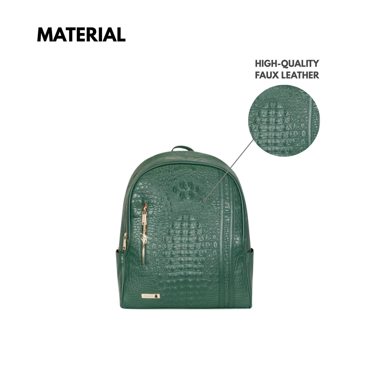 Tote&Carry Classic Traveler Backpack in Emerald Green — high-quality faux leather material detail