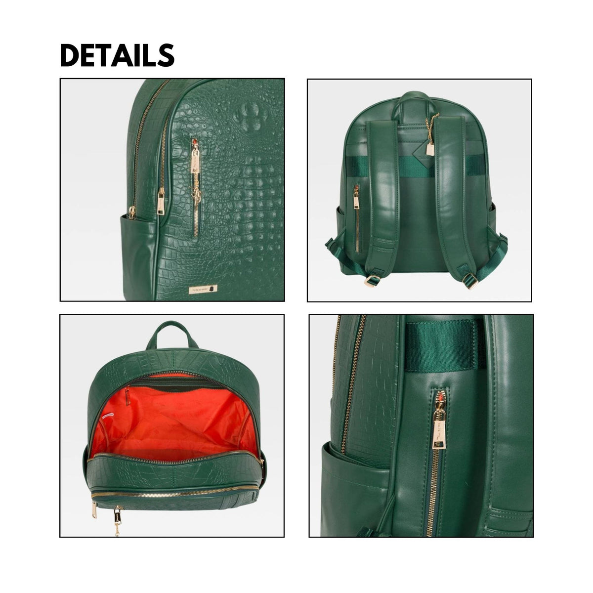 Tote&Carry Classic Traveler Backpack in Emerald Green — interior details, storage compartments and lining