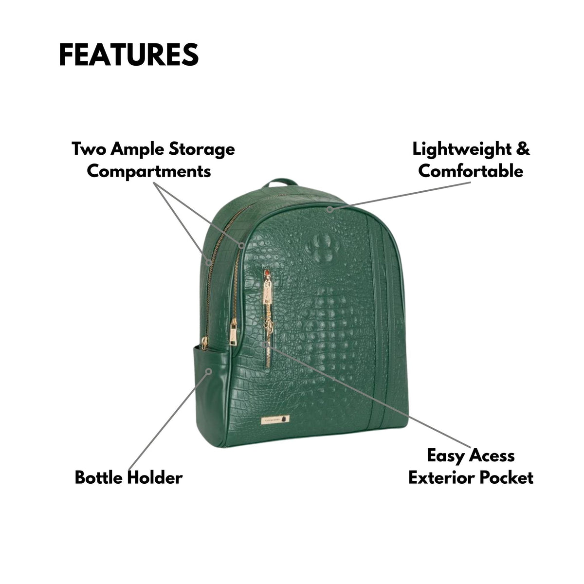 Tote&Carry Classic Traveler Backpack in Emerald Green — features, two ample storage compartments, easy-access exterior pocket and bottle holder