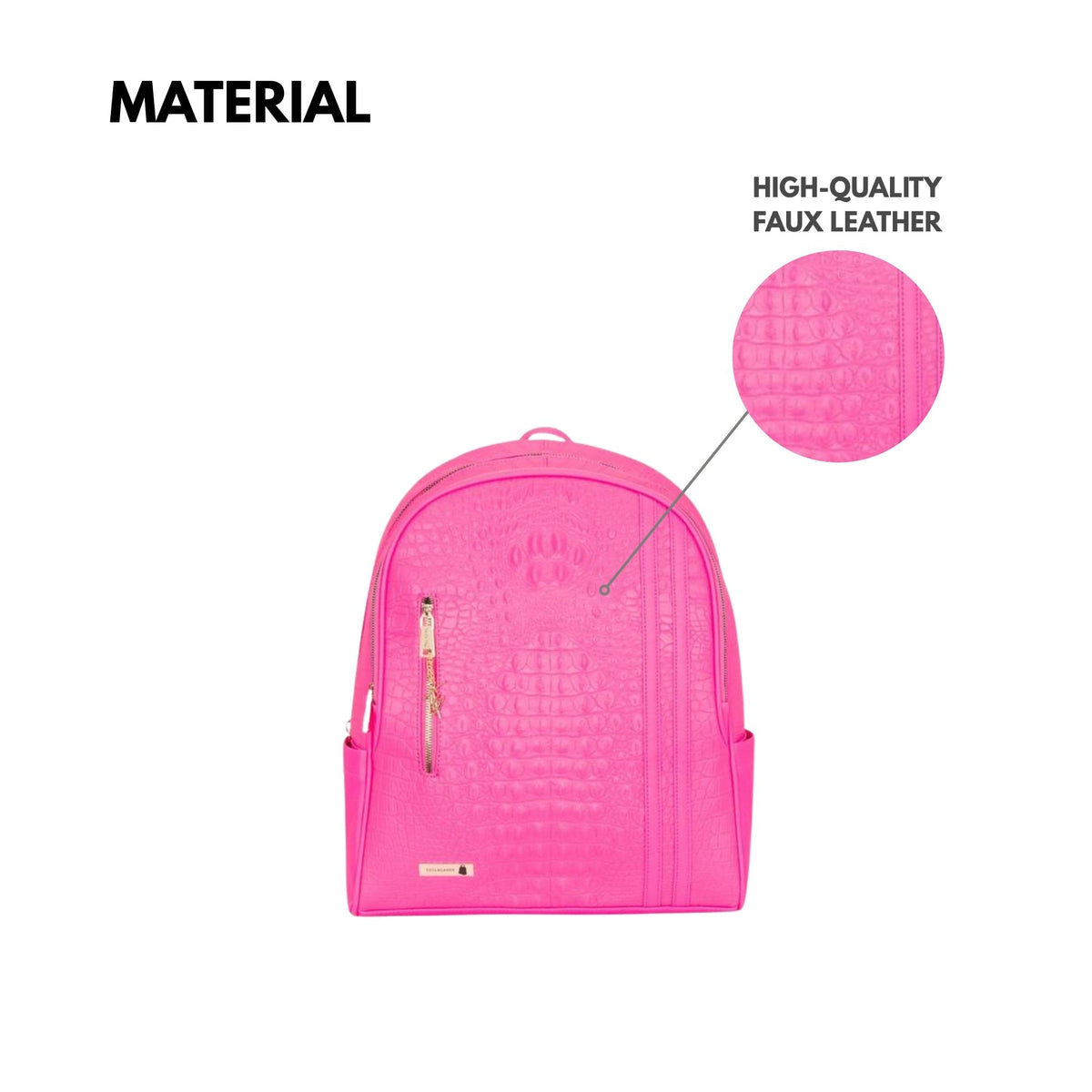 Tote&Carry Classic Traveler Backpack in Neon Pink — high-quality faux leather material detail