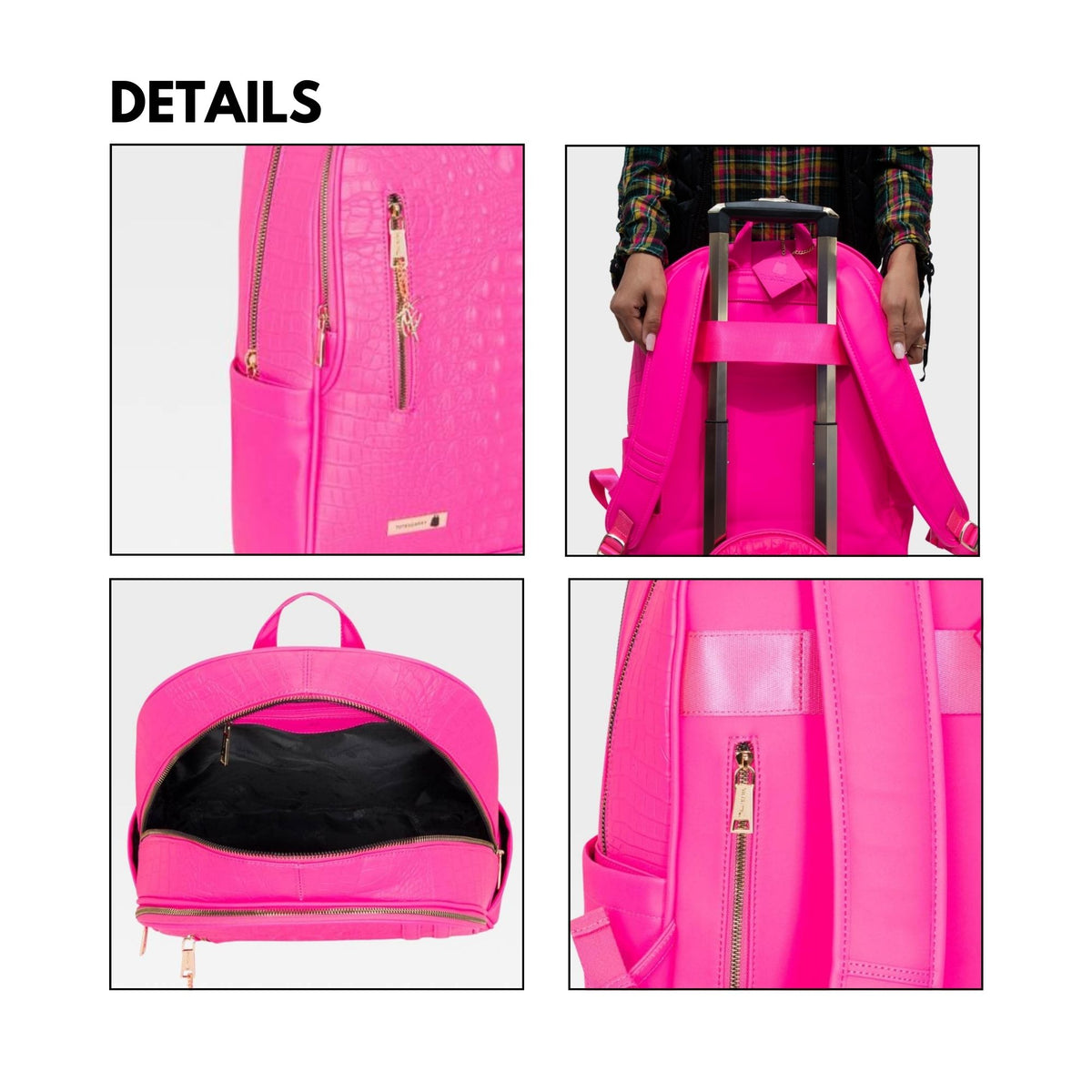 Tote&Carry Classic Traveler Backpack in Neon Pink — interior details, storage compartments and lining