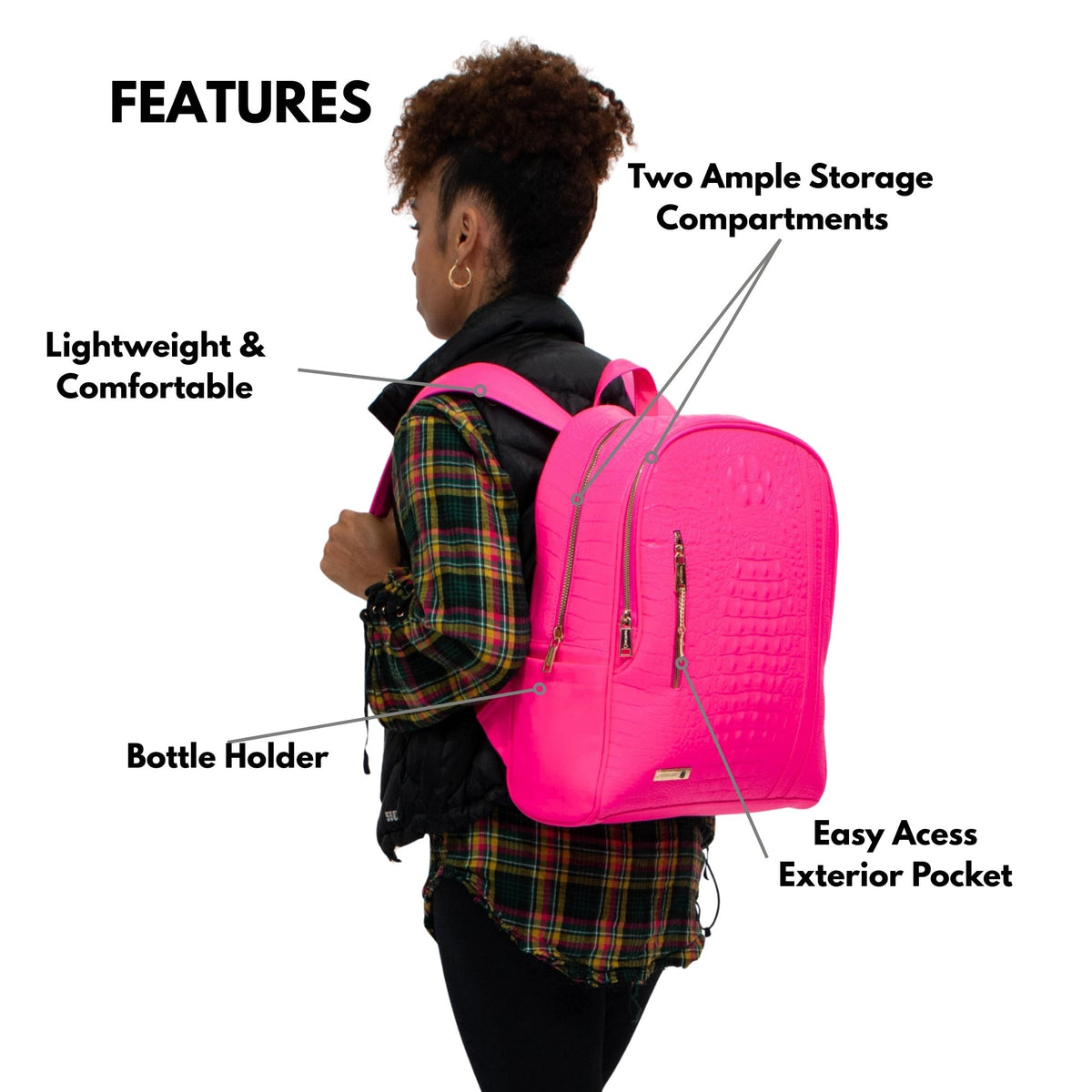 Tote&Carry Classic Traveler Backpack in Neon Pink — features, two ample storage compartments, easy-access exterior pocket and bottle holder