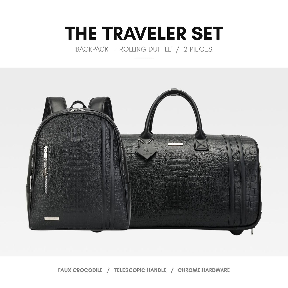 Statement Traveler Rolling Duffle Set in Black — the full 2-piece set, backpack and rolling duffle