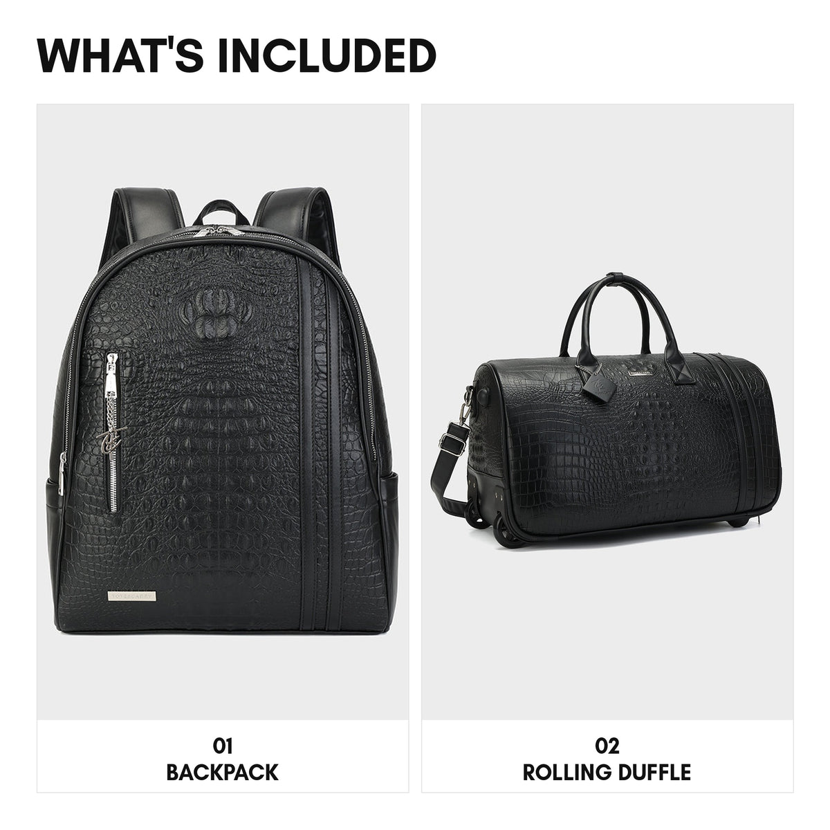 Statement Traveler Rolling Duffle Set in Black — what's included, backpack and rolling duffle