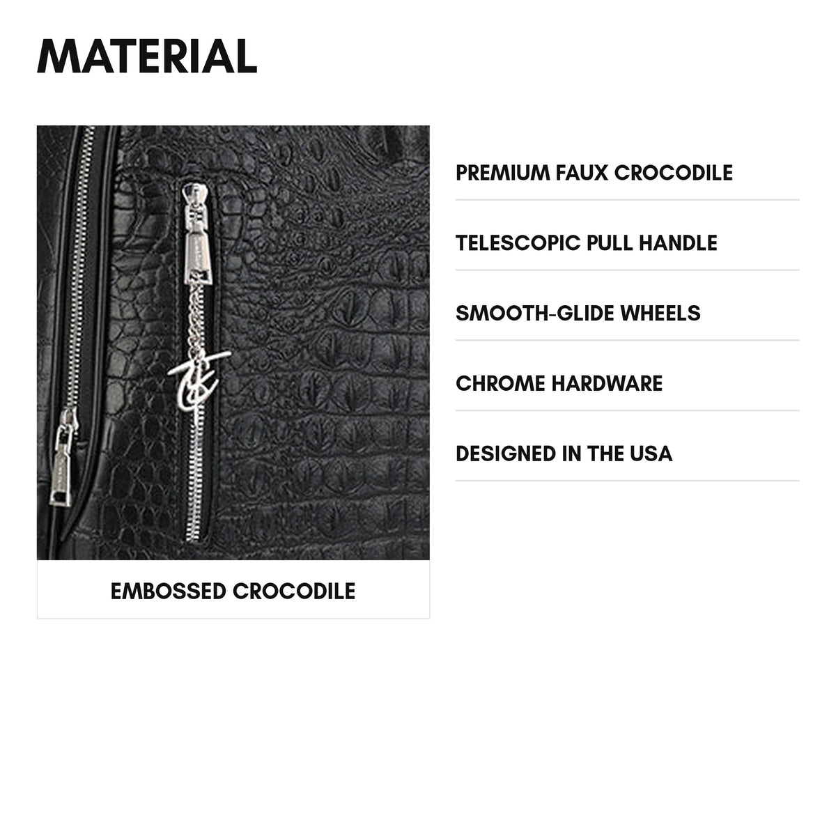 Statement Traveler Rolling Duffle Set in Black — material, premium faux crocodile with chrome hardware