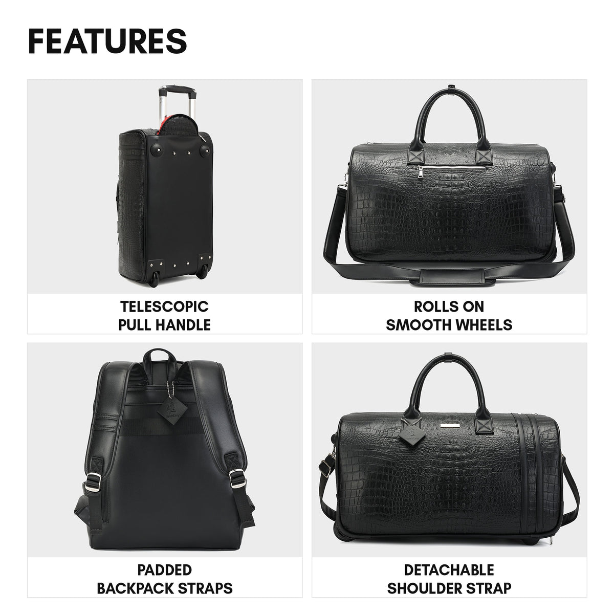 Statement Traveler Rolling Duffle Set in Black — features, telescopic pull handle, wheels, padded straps and detachable shoulder strap