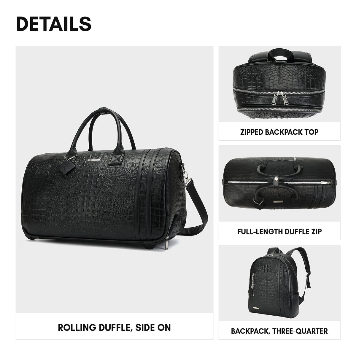 Statement Traveler Rolling Duffle Set in Black — details, rolling duffle side on, zips and backpack three-quarter view