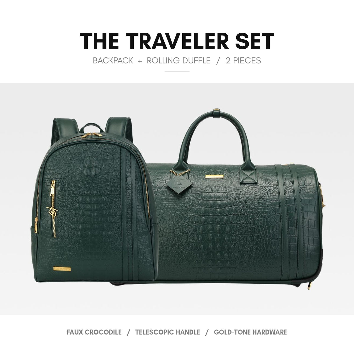 Statement Traveler Rolling Duffle Set in Emerald Green — the full 2-piece set, backpack and rolling duffle
