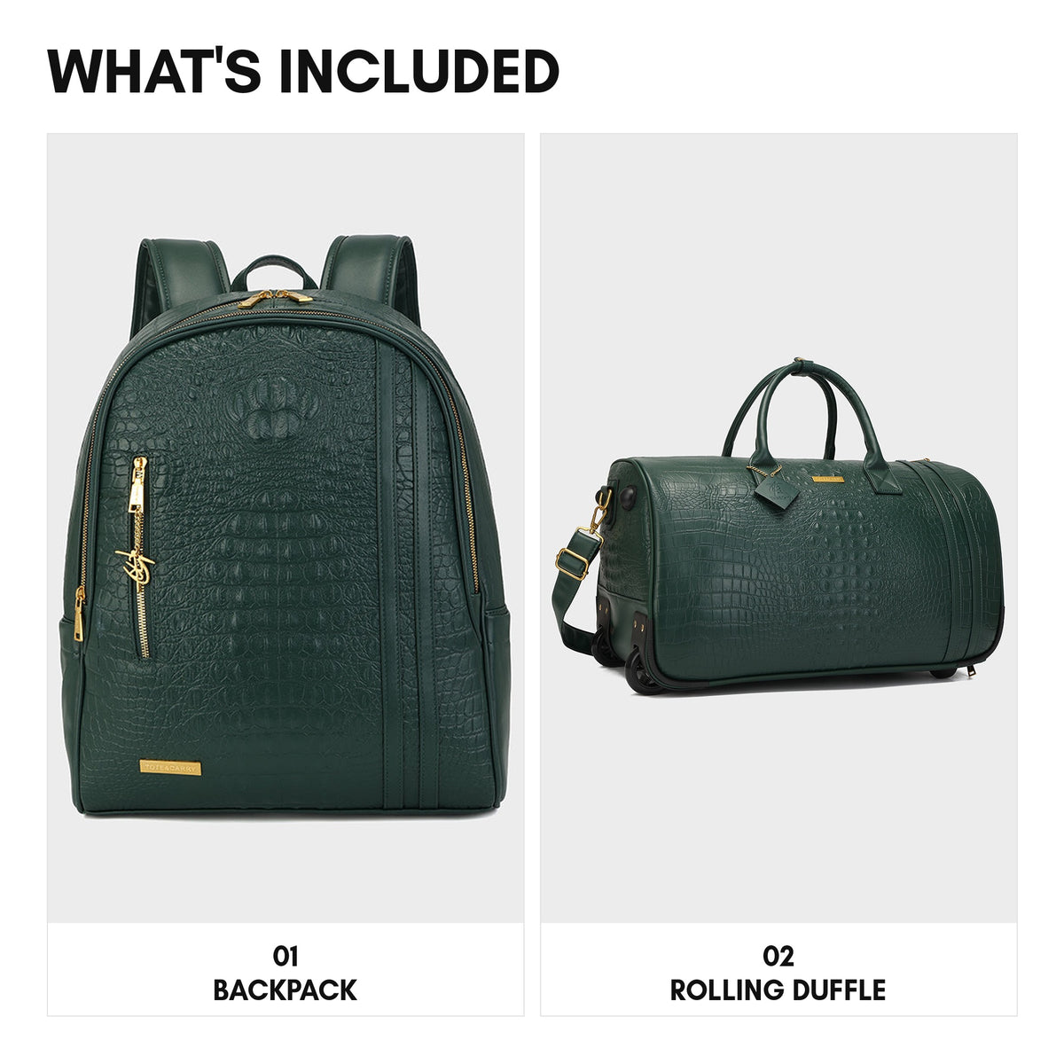 Statement Traveler Rolling Duffle Set in Emerald Green — what's included, backpack and rolling duffle