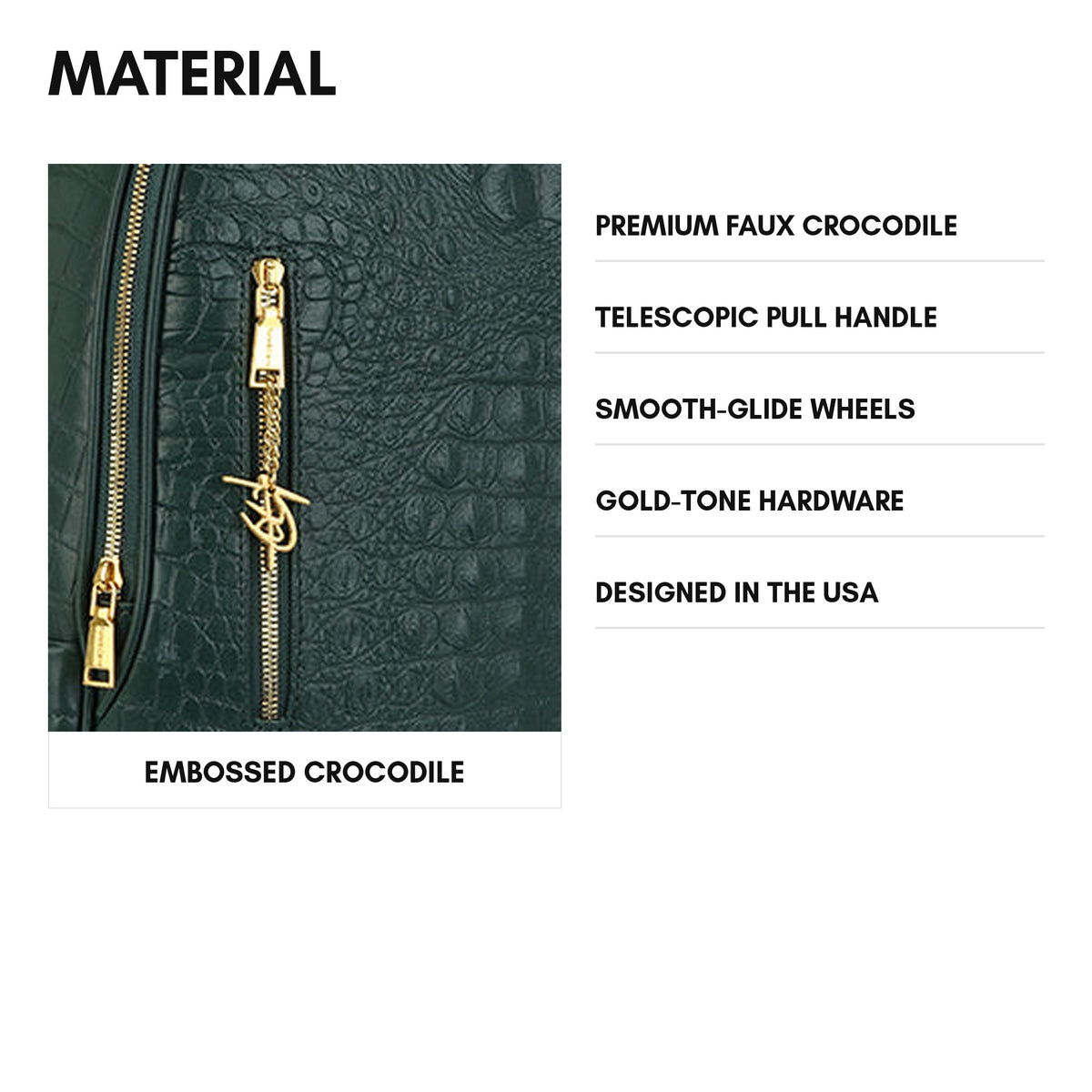 Statement Traveler Rolling Duffle Set in Emerald Green — material, premium faux crocodile with gold-tone hardware