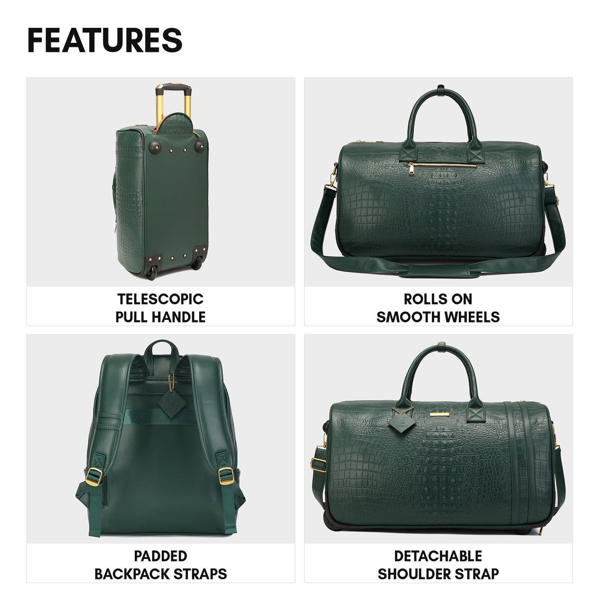 Statement Traveler Rolling Duffle Set in Emerald Green — features, telescopic pull handle, wheels, padded straps and detachable shoulder strap