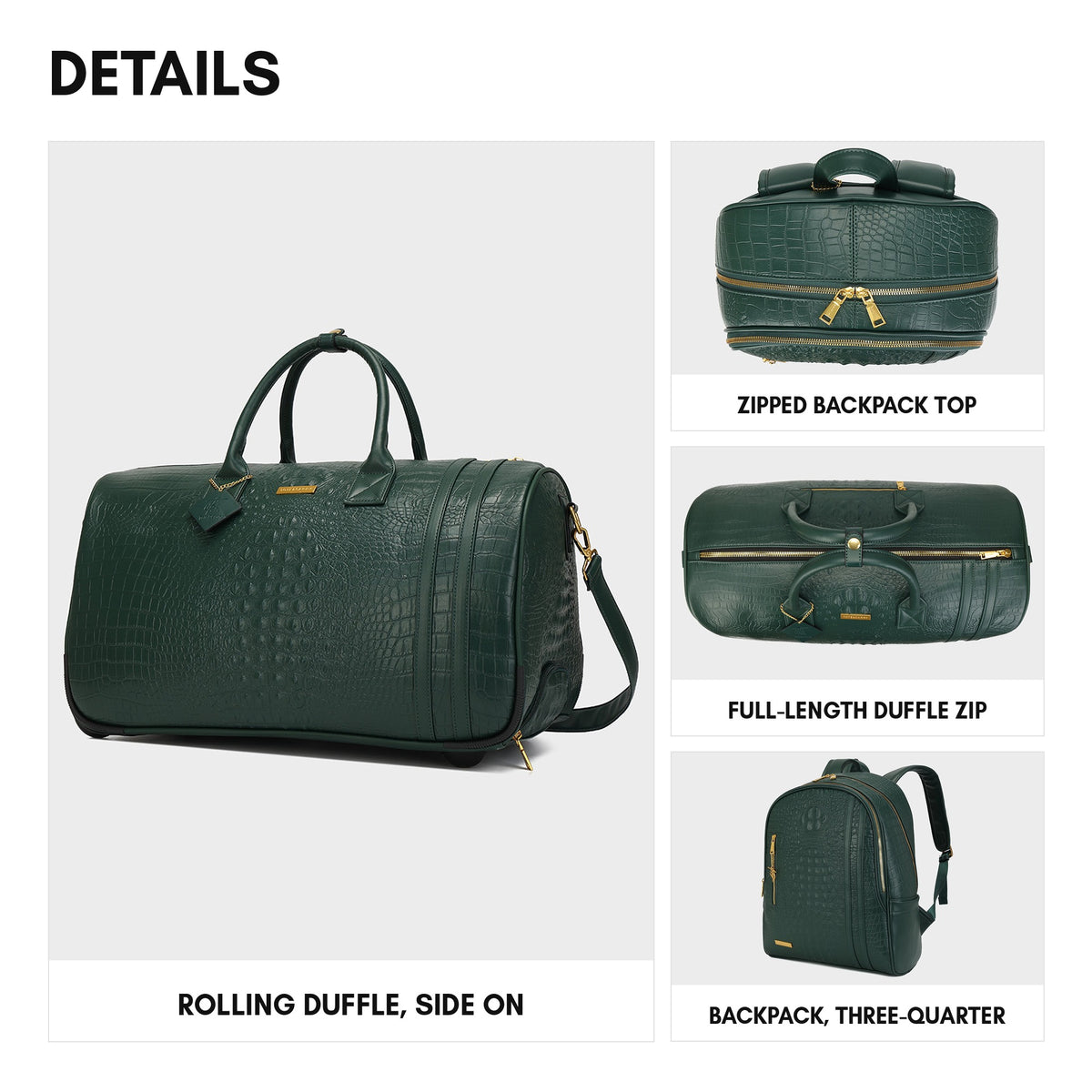 Statement Traveler Rolling Duffle Set in Emerald Green — details, rolling duffle side on, zips and backpack three-quarter view