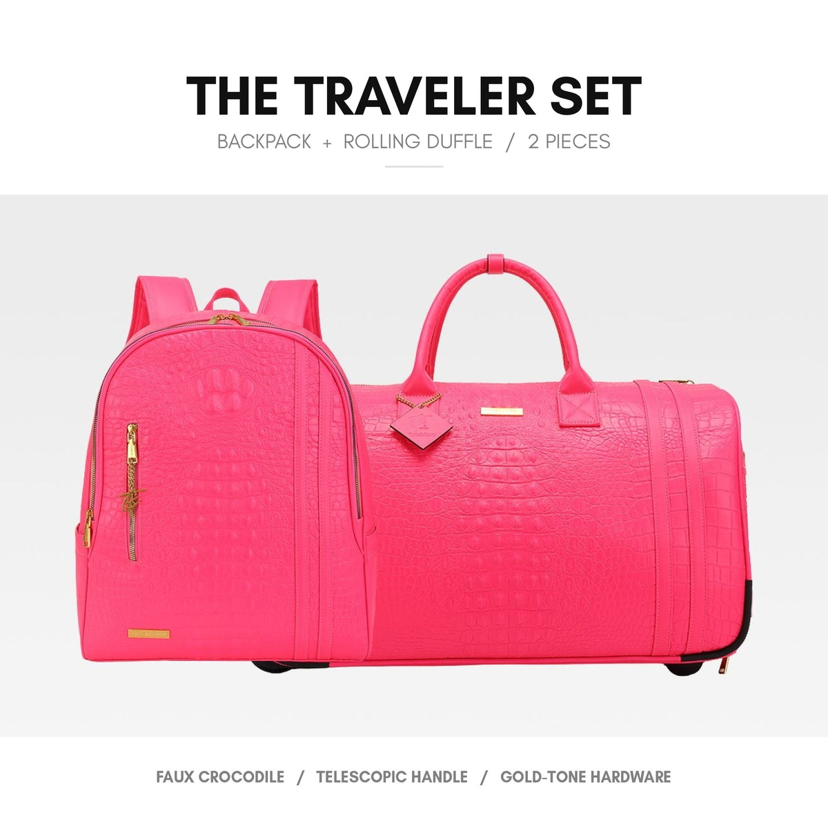 Statement Traveler Rolling Duffle Set in Neon Pink — the full 2-piece set, backpack and rolling duffle