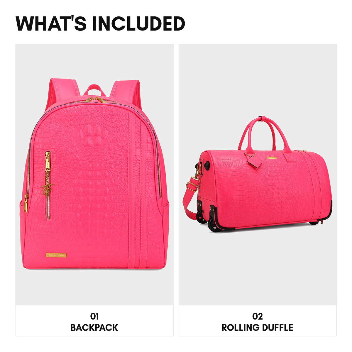 Statement Traveler Rolling Duffle Set in Neon Pink — what's included, backpack and rolling duffle