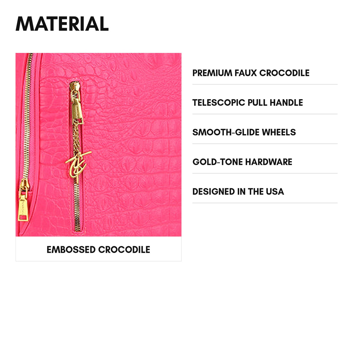 Statement Traveler Rolling Duffle Set in Neon Pink — material, premium faux crocodile with gold-tone hardware