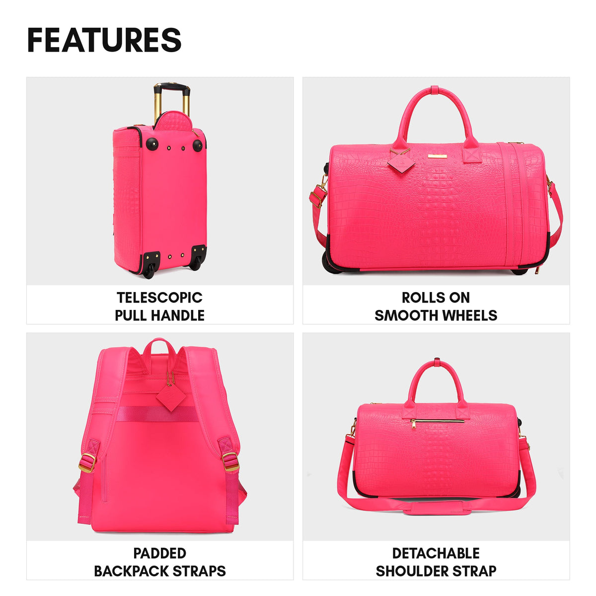 Statement Traveler Rolling Duffle Set in Neon Pink — features, telescopic pull handle, wheels, padded straps and detachable shoulder strap