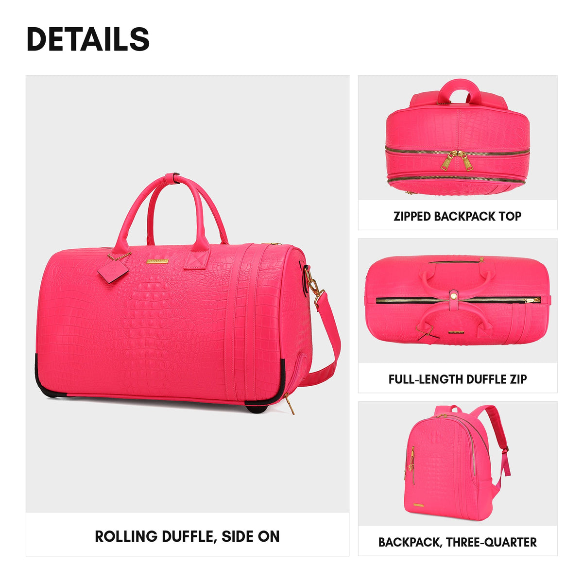 Statement Traveler Rolling Duffle Set in Neon Pink — details, rolling duffle side on, zips and backpack three-quarter view