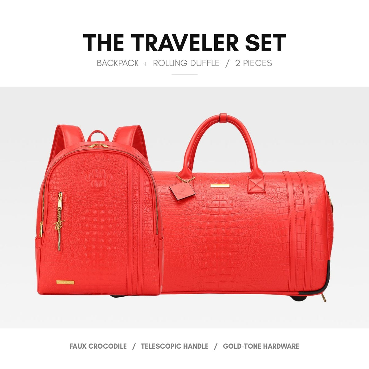 Statement Traveler Rolling Duffle Set in Red — the full 2-piece set, backpack and rolling duffle