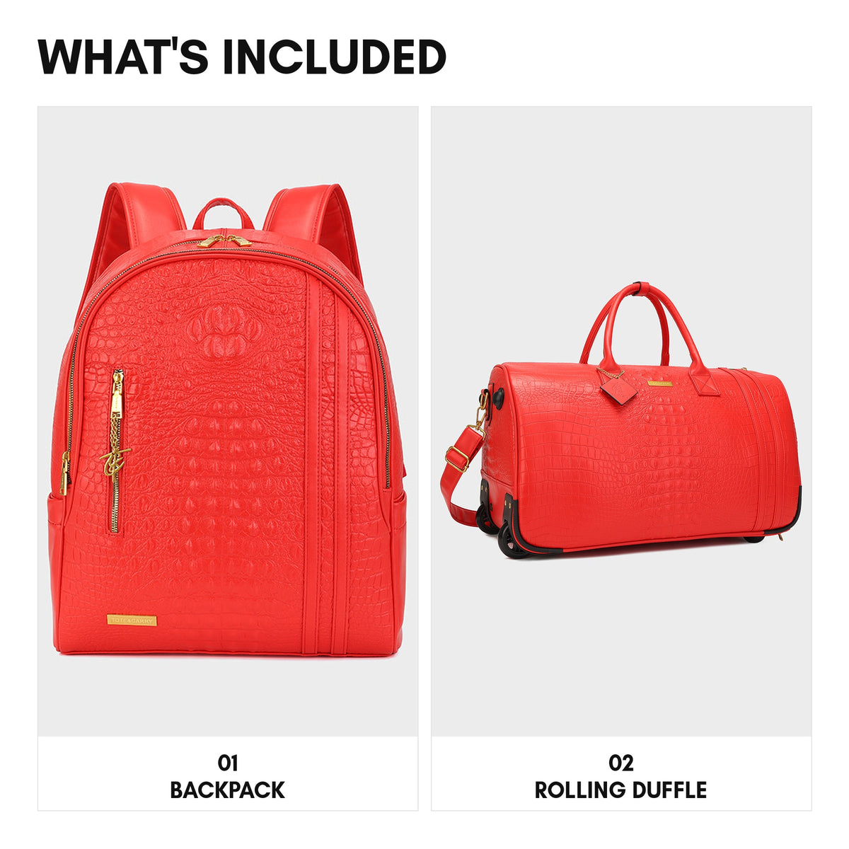 Statement Traveler Rolling Duffle Set in Red — what's included, backpack and rolling duffle