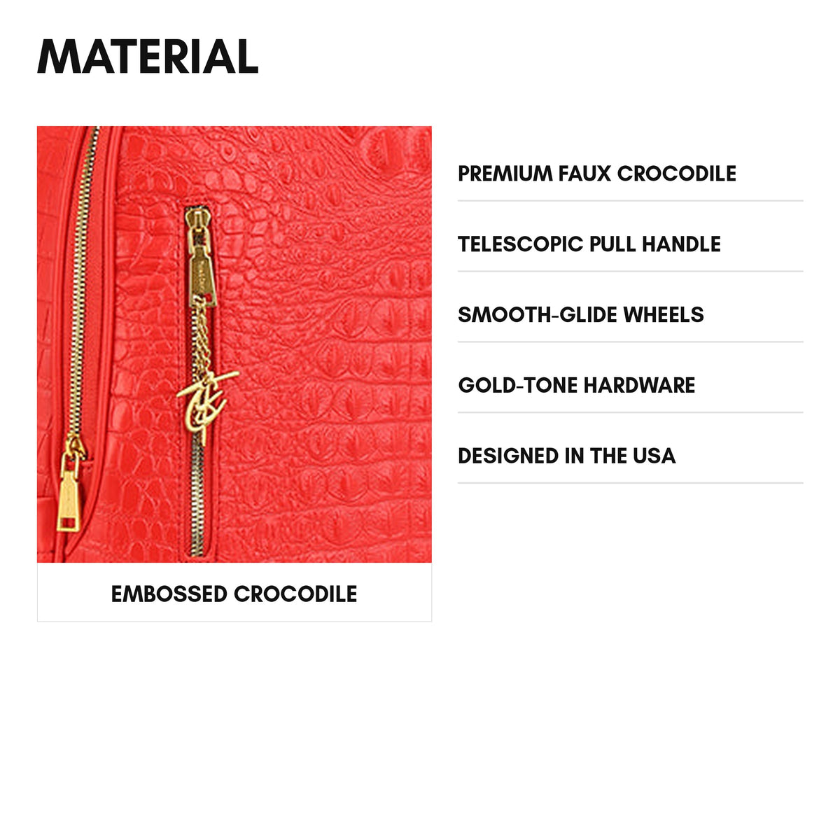 Statement Traveler Rolling Duffle Set in Red — material, premium faux crocodile with gold-tone hardware