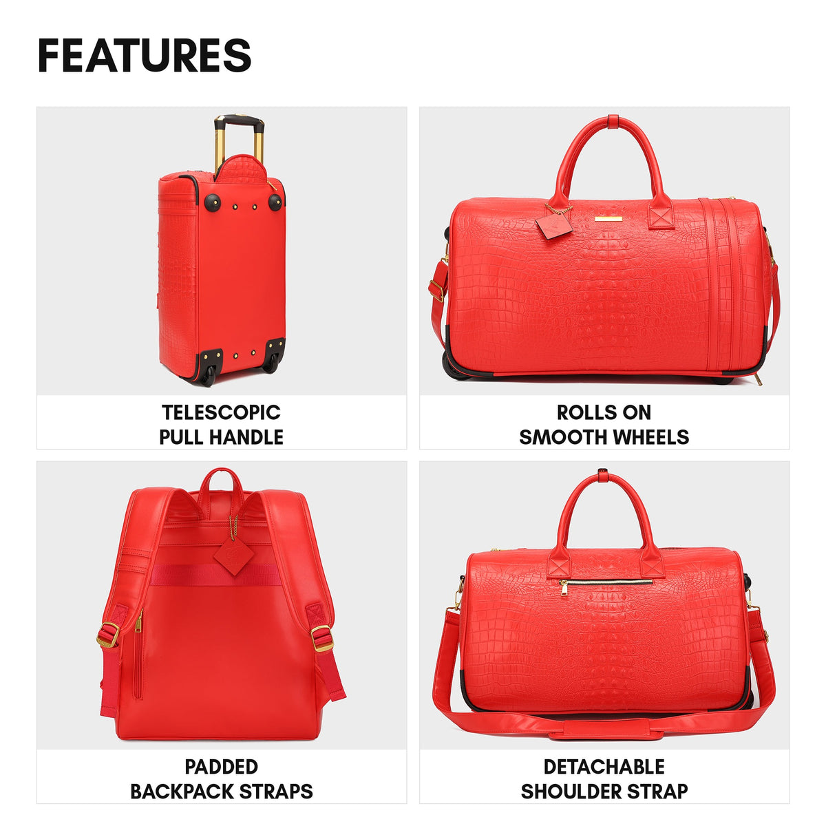 Statement Traveler Rolling Duffle Set in Red — features, telescopic pull handle, wheels, padded straps and detachable shoulder strap