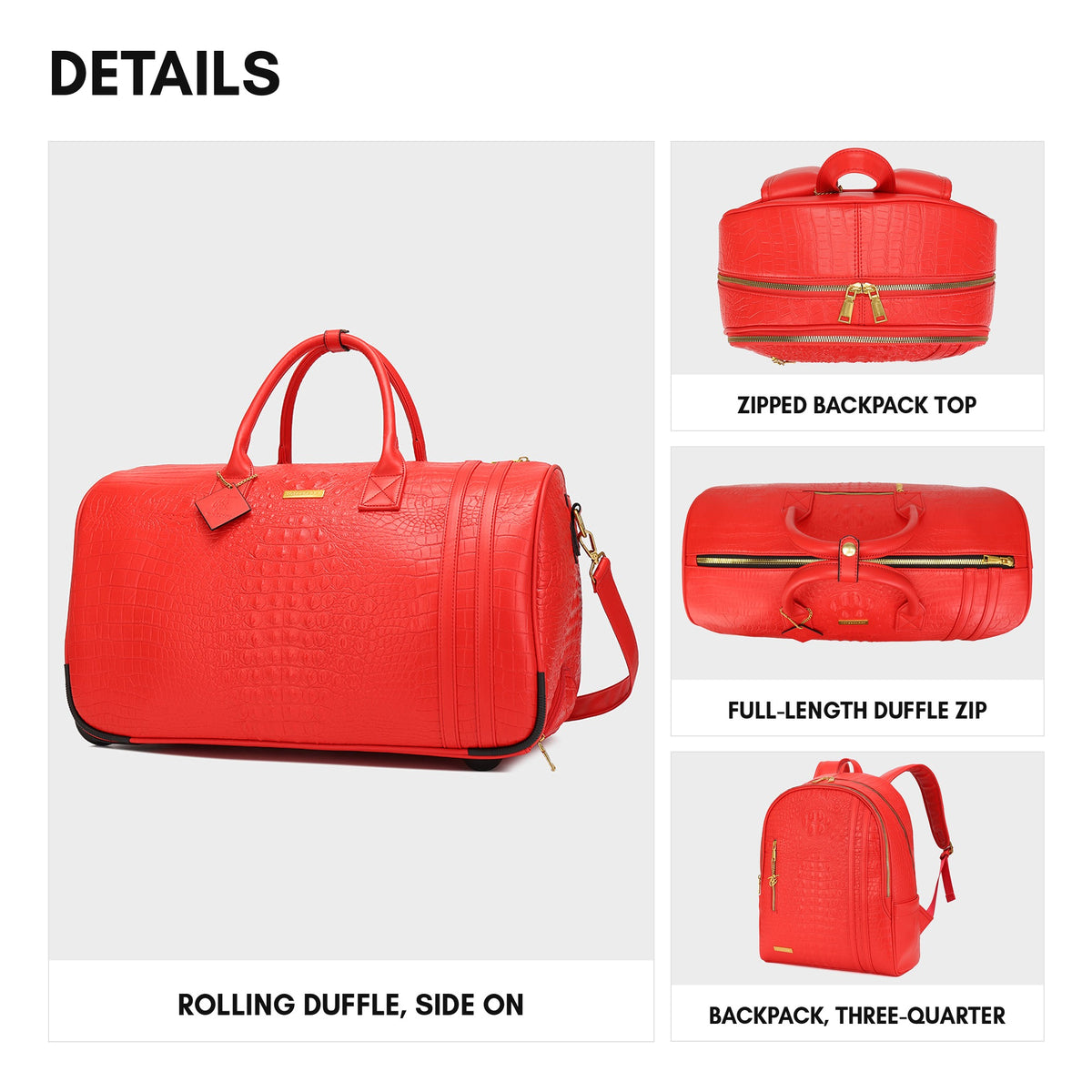 Statement Traveler Rolling Duffle Set in Red — details, rolling duffle side on, zips and backpack three-quarter view