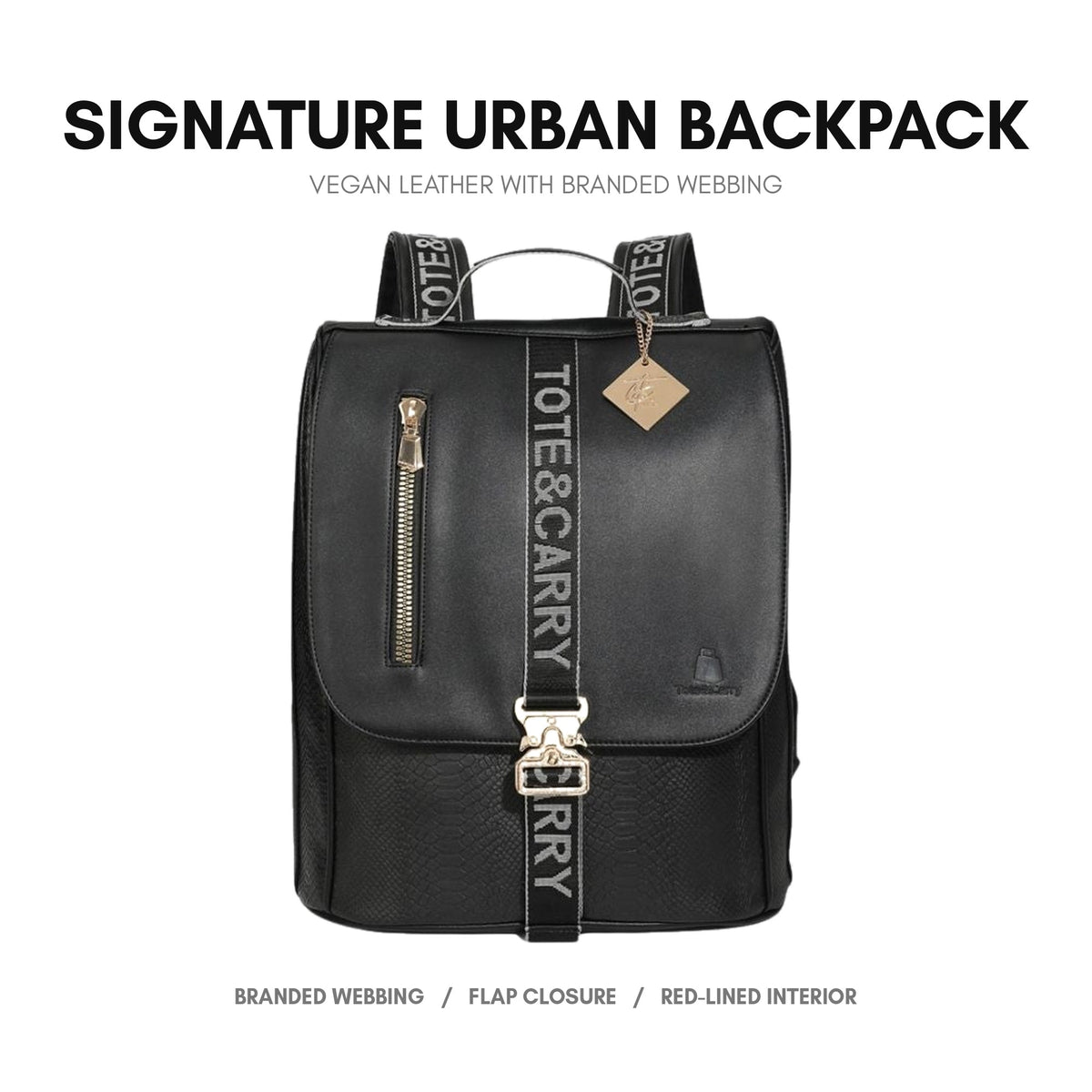 Signature Urban Backpack in Black - premium vegan leather, branded webbing straps, adjustable padded straps