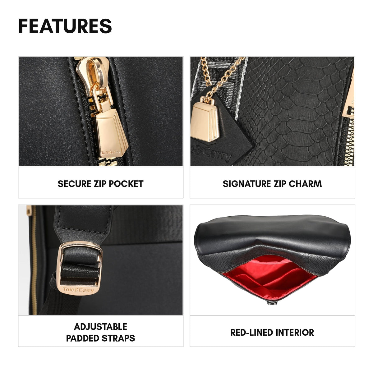 Signature Urban Backpack in Black - features: secure zip pocket, signature zip charm, adjustable padded straps, red-lined interior