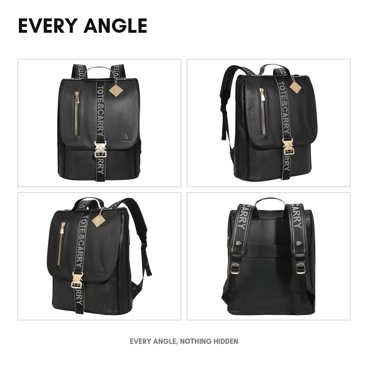 Signature Urban Backpack in Black - every angle: front, side, back and interior